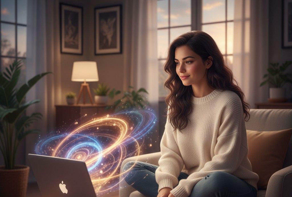 Woman starting her first live online psychic reading session on laptop with soft mystical energy glow around the screen.